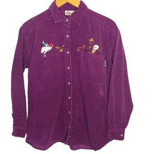 Looney Tunes Tweety Bird Sylvester Women's M Long Sleeve Shirt Purple Corduroy